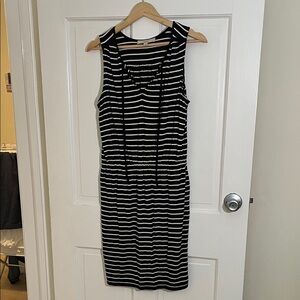 LOFT Black and White Striped Midi Dress